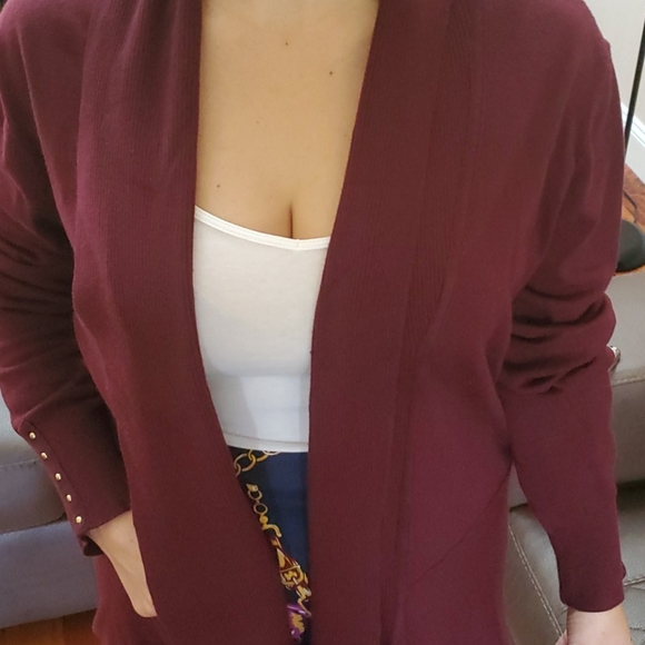 White House Black Market Sweaters - WHBM Burgundy Cardigan with Cascade Ruffle Lapel